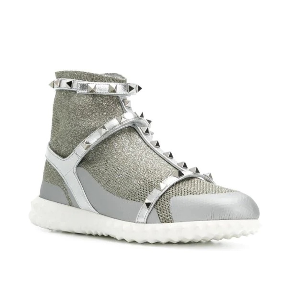 Valentino | Silver Knit Rockstud High Top Sneaker